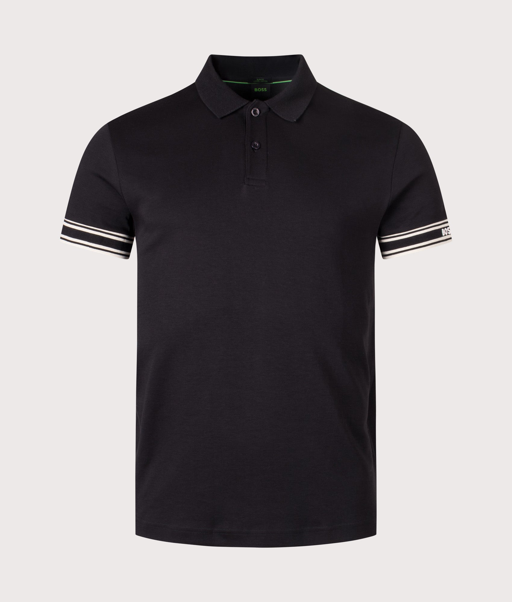 Slim Fit Zone Polo Shirt in Black | 100% Cotton | BOSS | EQVVS | Front shot 