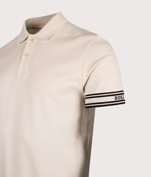 Slim Fit Zone Polo Shirt in Open White | 100% Cotton | BOSS | EQVVS | Front angle detail shot 