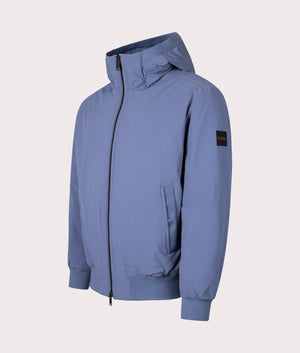 BOSS Opineer Jacket in Open Blue at EQVVS Menswear. Angled front shot. 