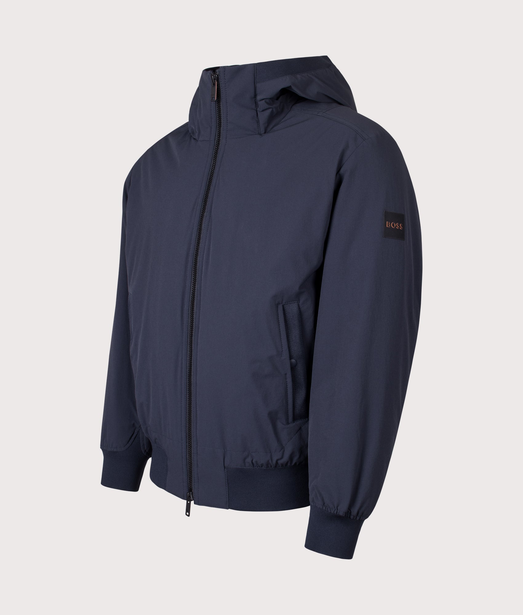 BOSS Opineer Jacket in Darke Blue at EQVVS Menswear. Angled front shot.