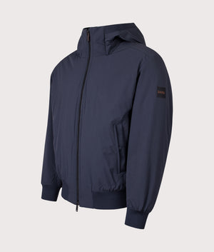 BOSS Opineer Jacket in Darke Blue at EQVVS Menswear. Angled front shot.