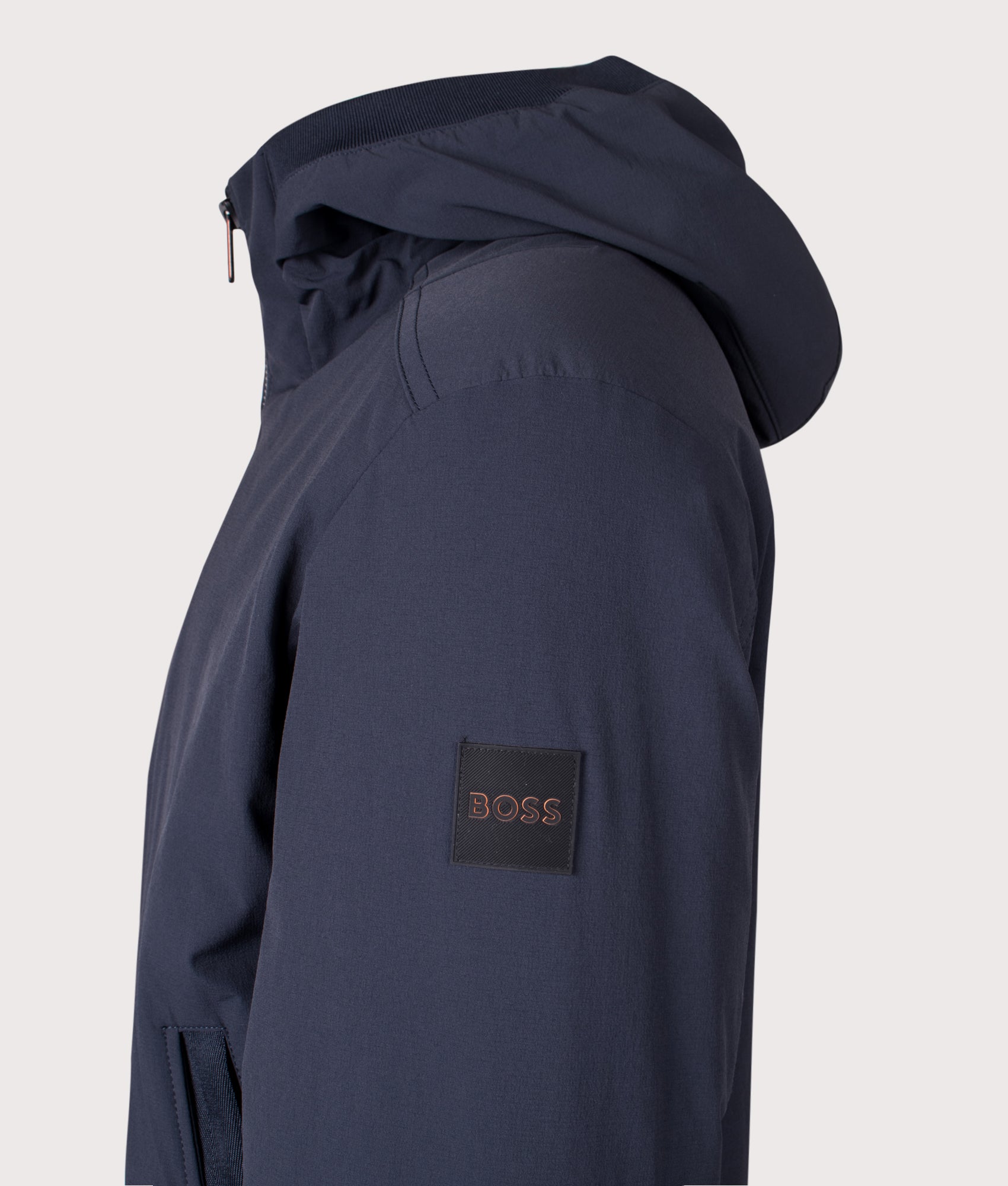 BOSS Opineer Jacket in Darke Blue at EQVVS Menswear. Detail Shot.