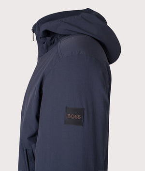 BOSS Opineer Jacket in Darke Blue at EQVVS Menswear. Detail Shot.