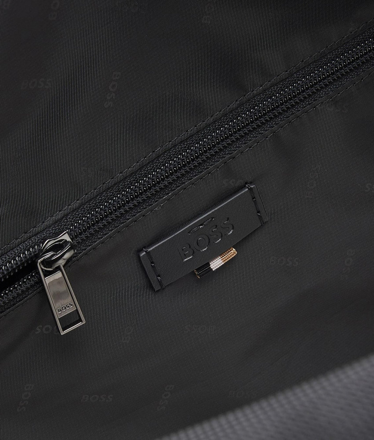 BOSS Ray Soft Holdall Bag in Black at EQVVS Menswear. Detail shot.