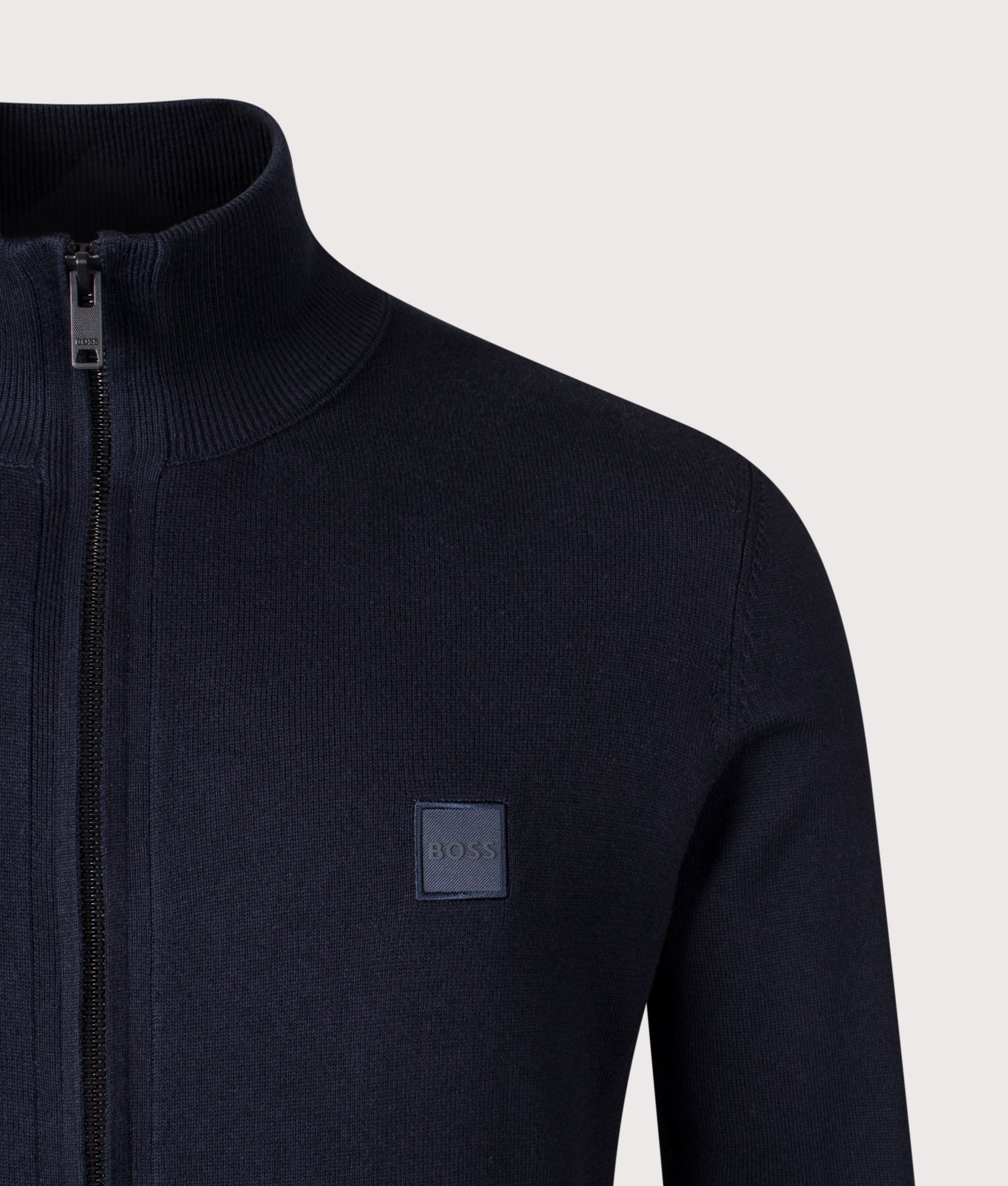 Kanozip Track Top in Dark Blue | Cotton–Cashmere Blend | BOSS | EQVVS | Front detail shot 