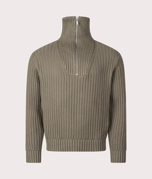 Relaxed Fit Srigg Quarter Zip Knit Jumper in Medium Grey | 100% Cotton | HUGO | EQVVS |  Front shot 
