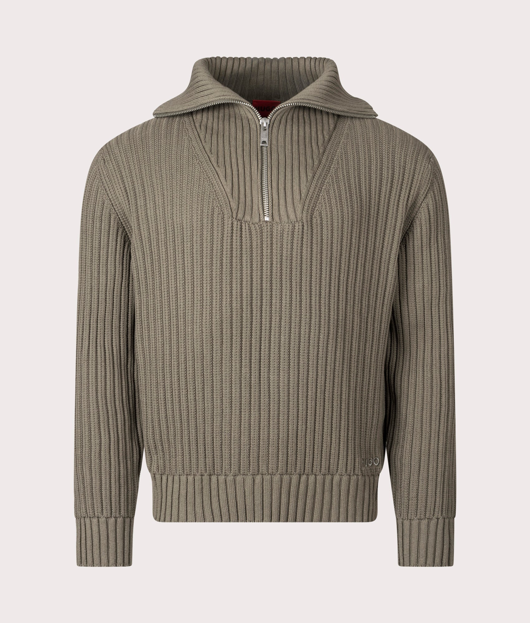 Relaxed Fit Srigg Quarter Zip Knit Jumper in Medium Grey | 100% Cotton | HUGO | EQVVS |  Front open collar shot 