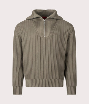 Relaxed Fit Srigg Quarter Zip Knit Jumper in Medium Grey | 100% Cotton | HUGO | EQVVS |  Front open collar shot 