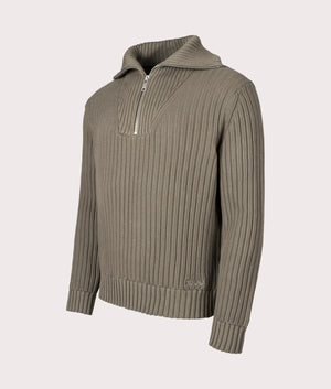 Relaxed Fit Srigg Quarter Zip Knit Jumper in Medium Grey | 100% Cotton | HUGO | EQVVS |  Front side angle 