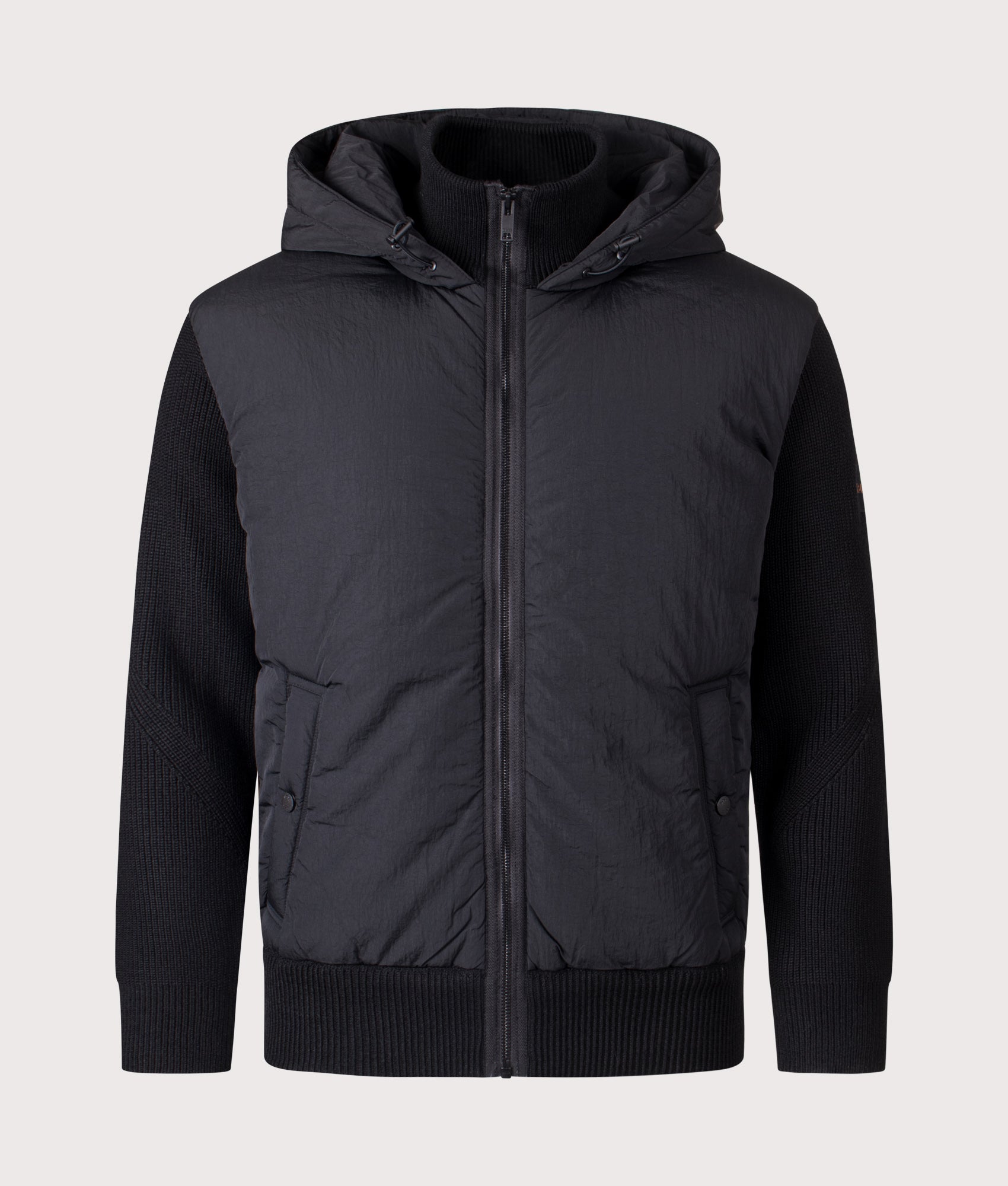 Kiaccio Hooded Hybrid Jacket in Black | BOSS | EQVVS | Front shot 