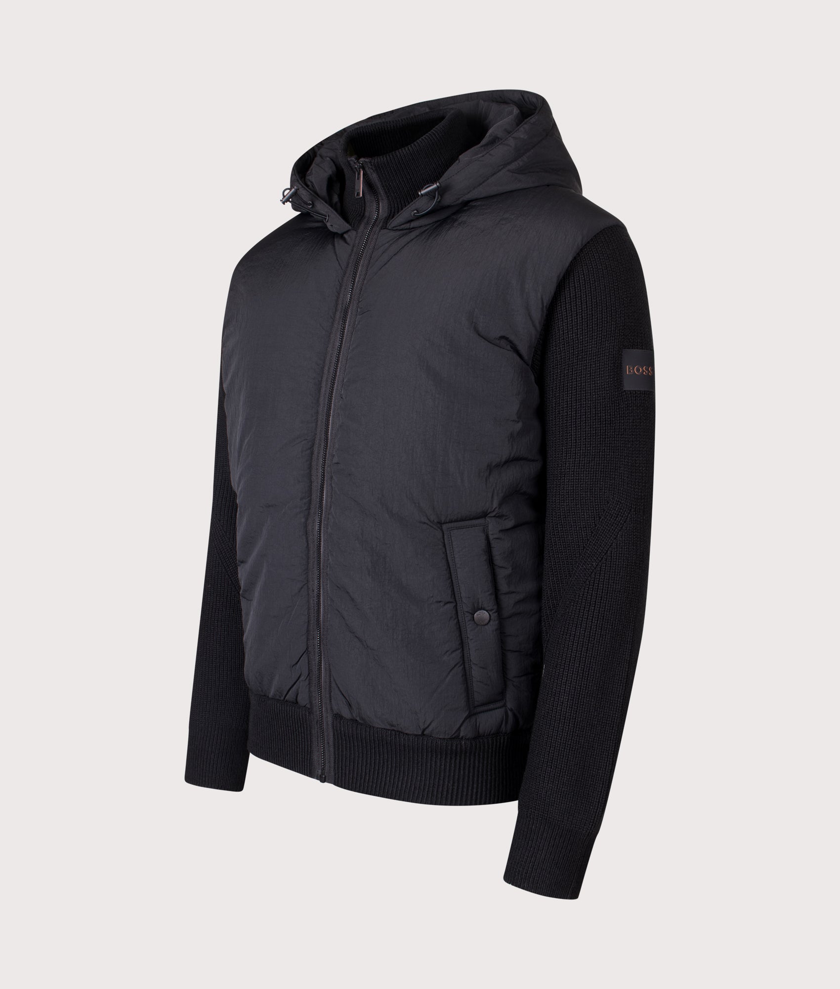 Kiaccio Hooded Hybrid Jacket in Black | BOSS | EQVVS | Front detail shot 