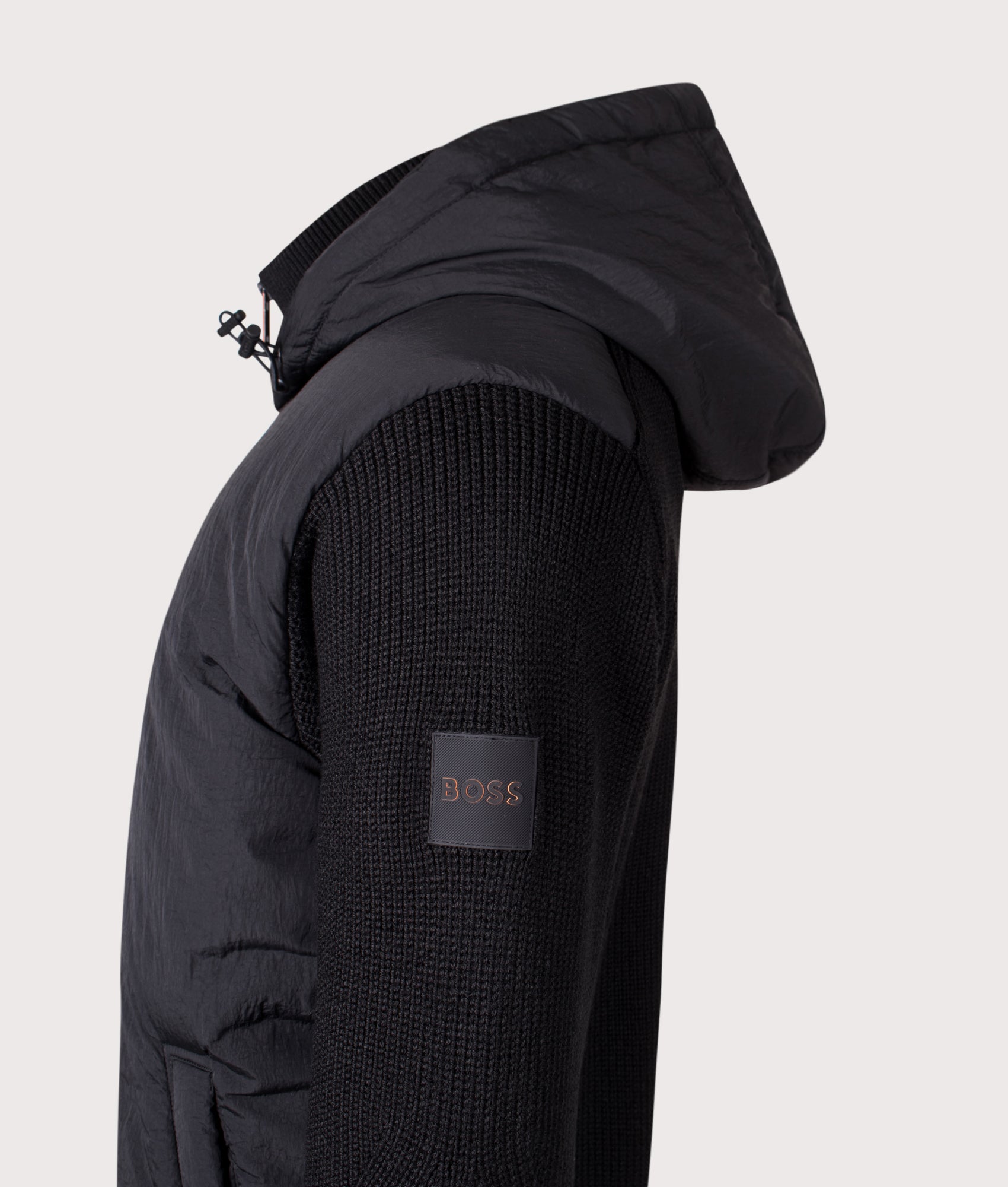 Kiaccio Hooded Hybrid Jacket in Black | BOSS | EQVVS | Side detail