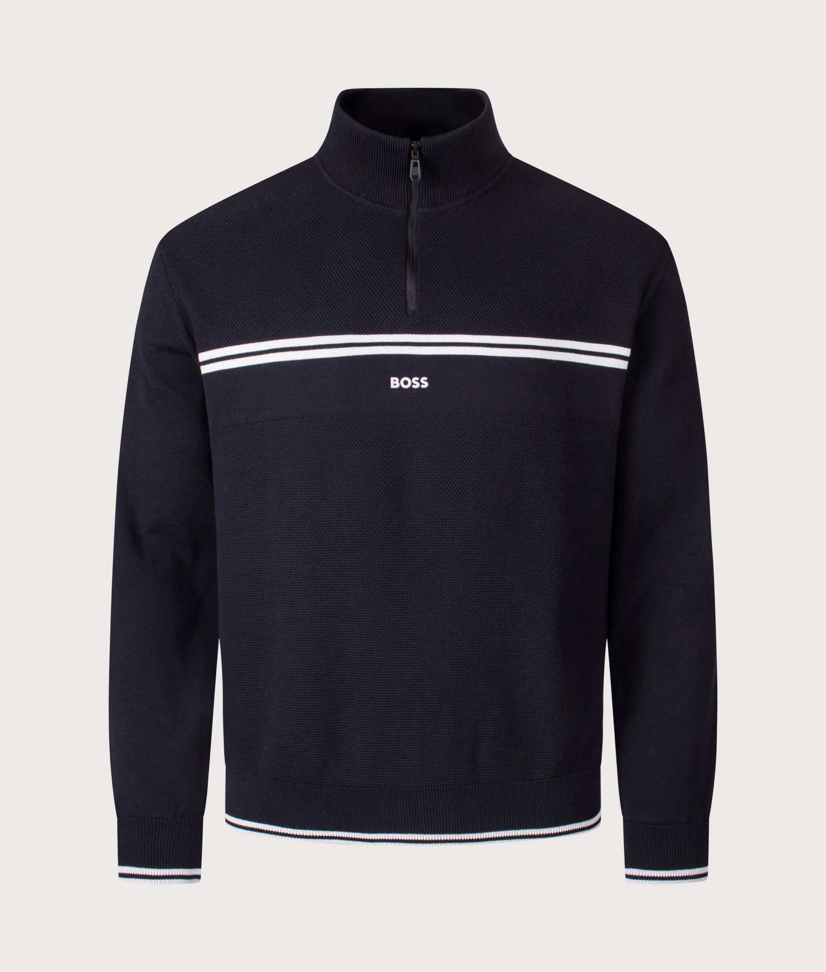 BOSS Zone Quarter Zip Sweatshirt arrives in Dark Blue at EQVVS Menswear. Front shot.