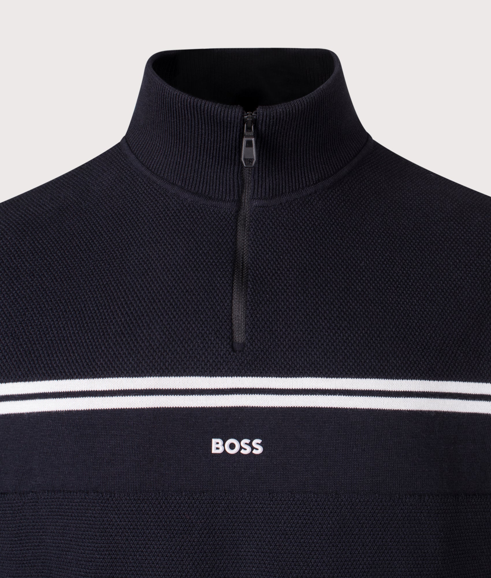 BOSS Zone Quarter Zip Sweatshirt arrives in Dark Blue at EQVVS Menswear. Detail shot.