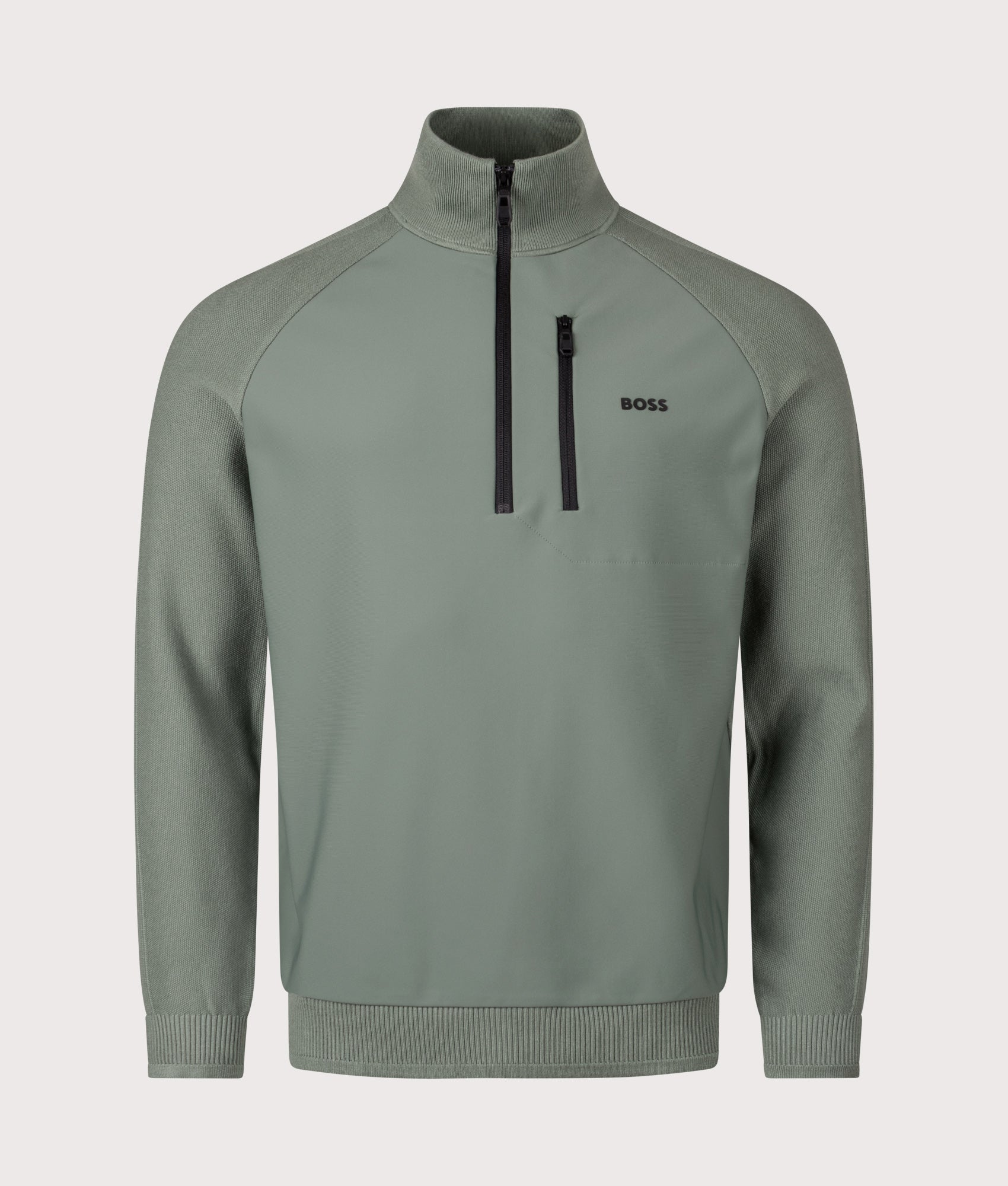 Civic Quarter Zip Hybrid Knit Sweatshirt in Open Green | BOSS | EQVVS | Front shot 