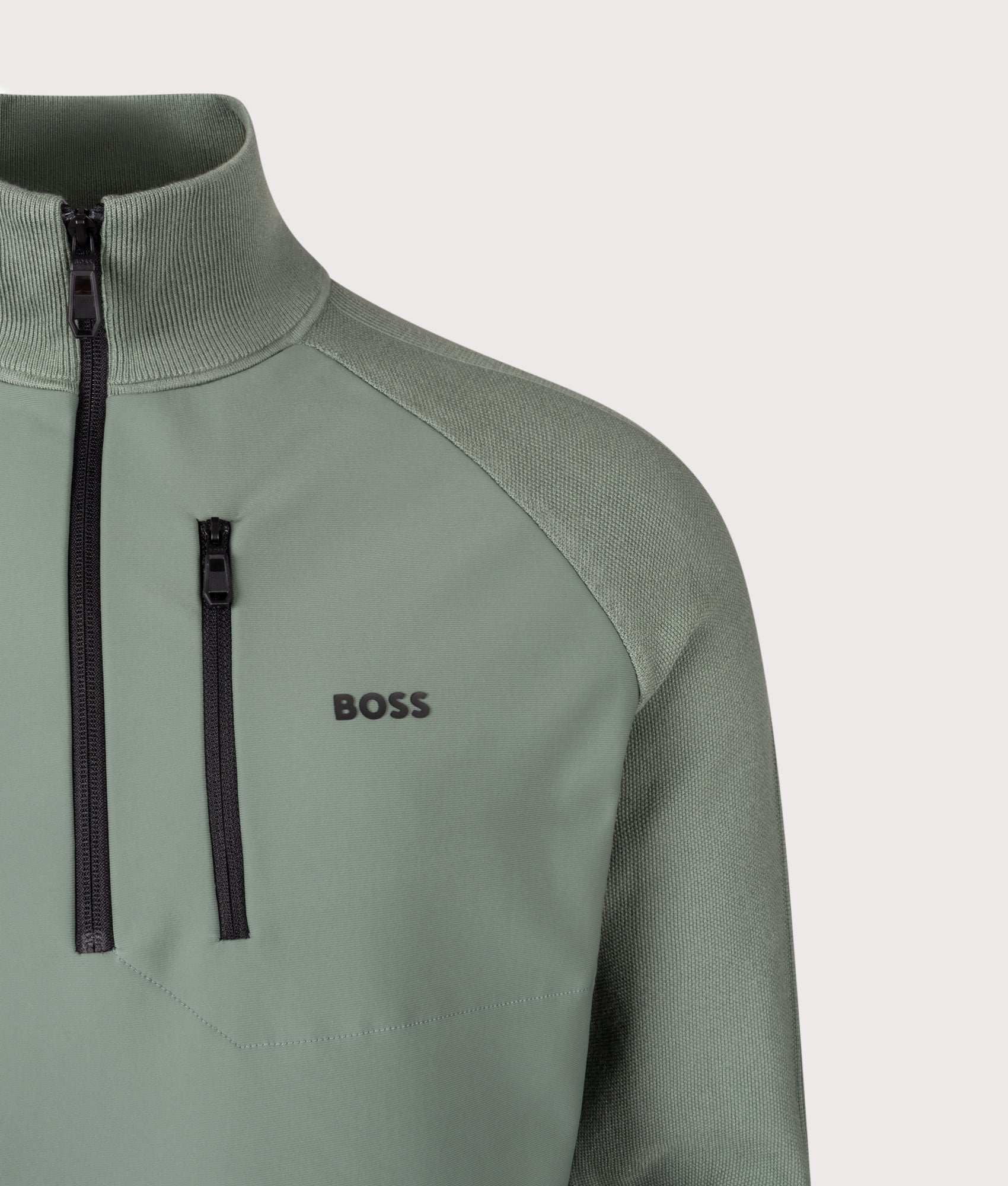Civic Quarter Zip Hybrid Knit Sweatshirt in Open Green | BOSS | EQVVS | Front detail shot 