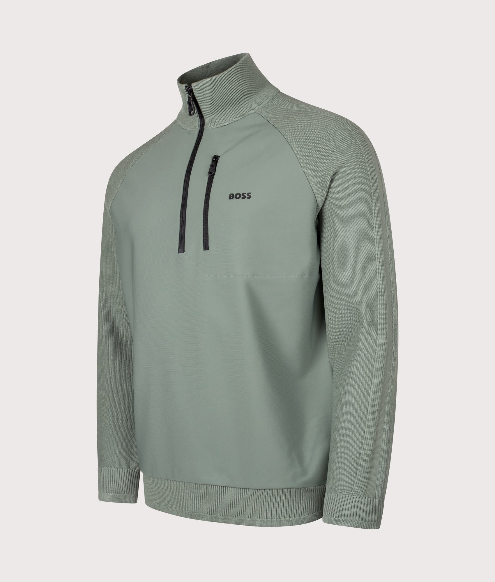 Civic Quarter Zip Hybrid Knit Sweatshirt in Open Green | BOSS | EQVVS | Front angle shot 