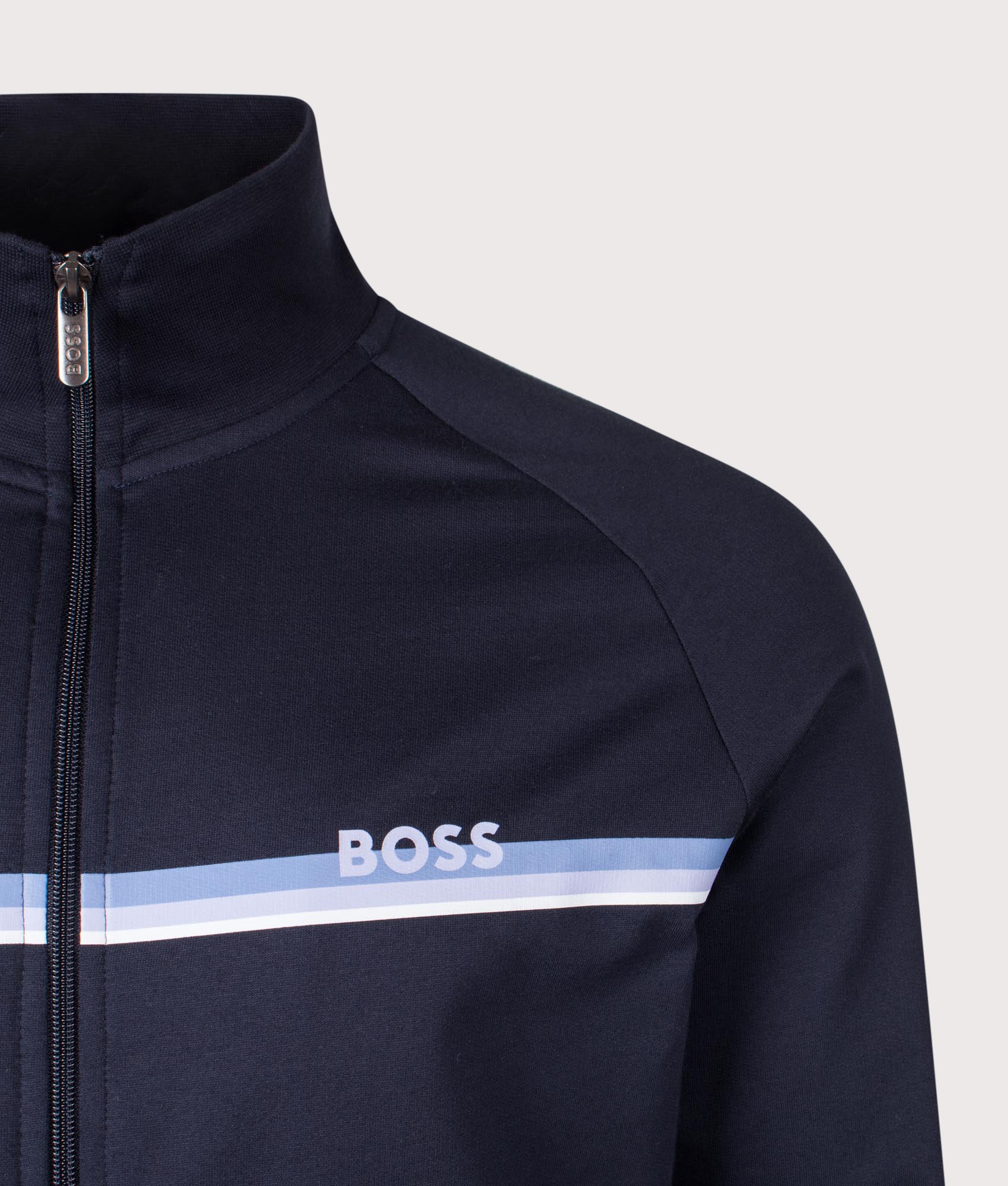 Authentic Zip Track Jacket in Dark Blue | 100% Cotton | BOSS | EQVVS | Front detail shot 