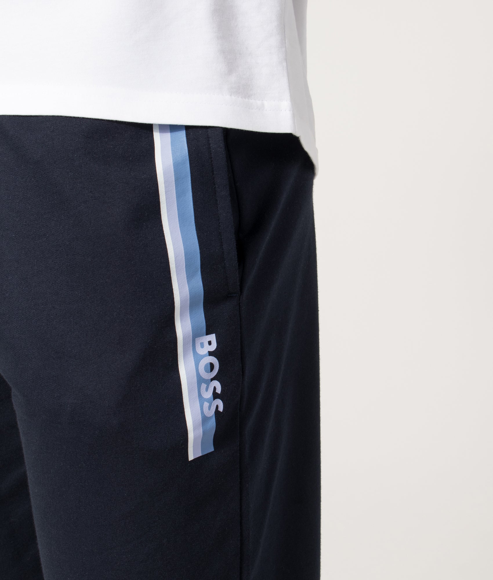 BOSS Authentic Track pants in Dark Blue at EQVVS Menswear. Detail shot.