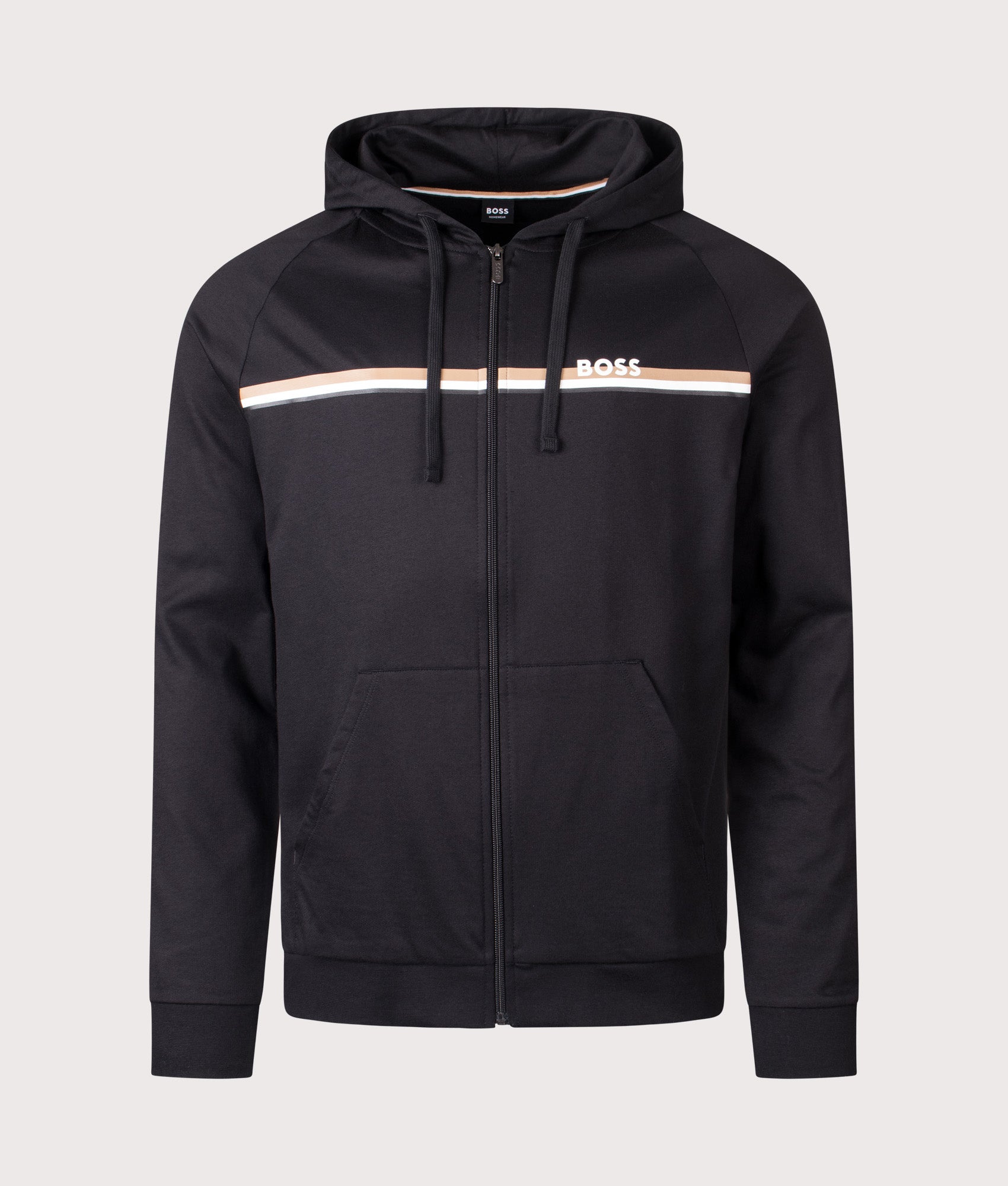Striped Authentic Zip Through Hoodie in Black | 100% Cotton | BOSS | EQVVS | Front shot 