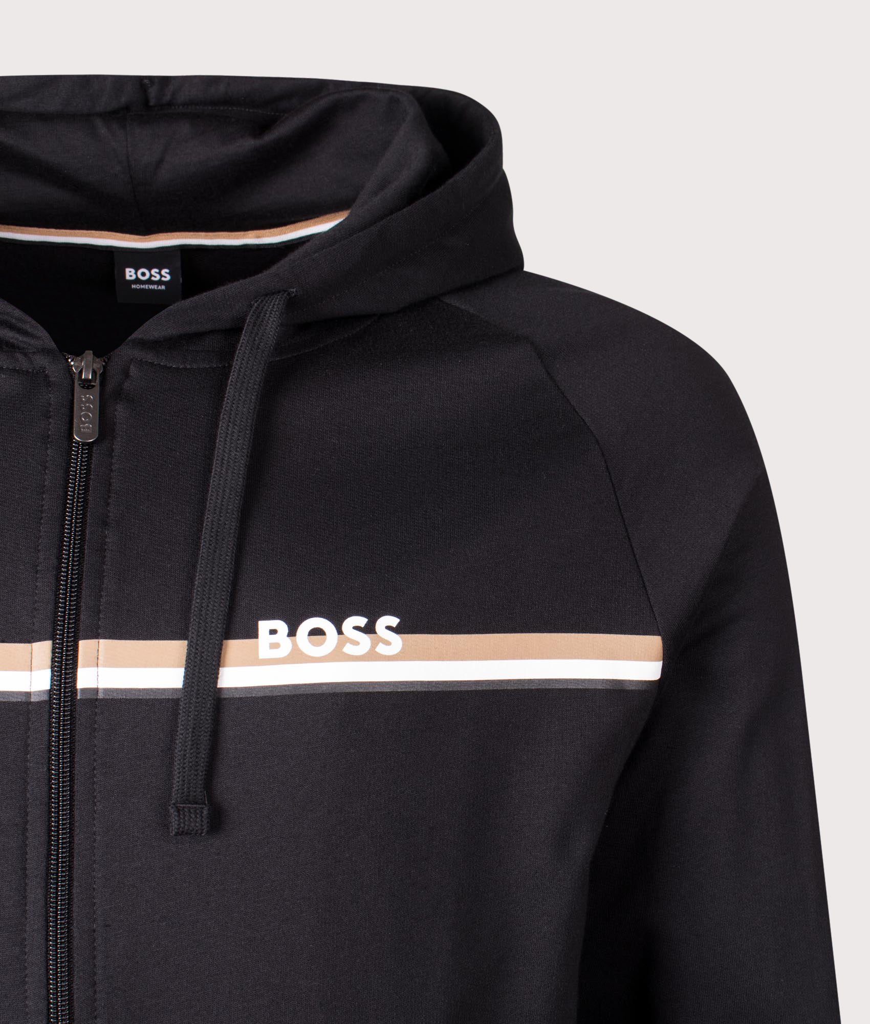 Striped Authentic Zip Through Hoodie in Black | 100% Cotton | BOSS | EQVVS | Front detail shot 