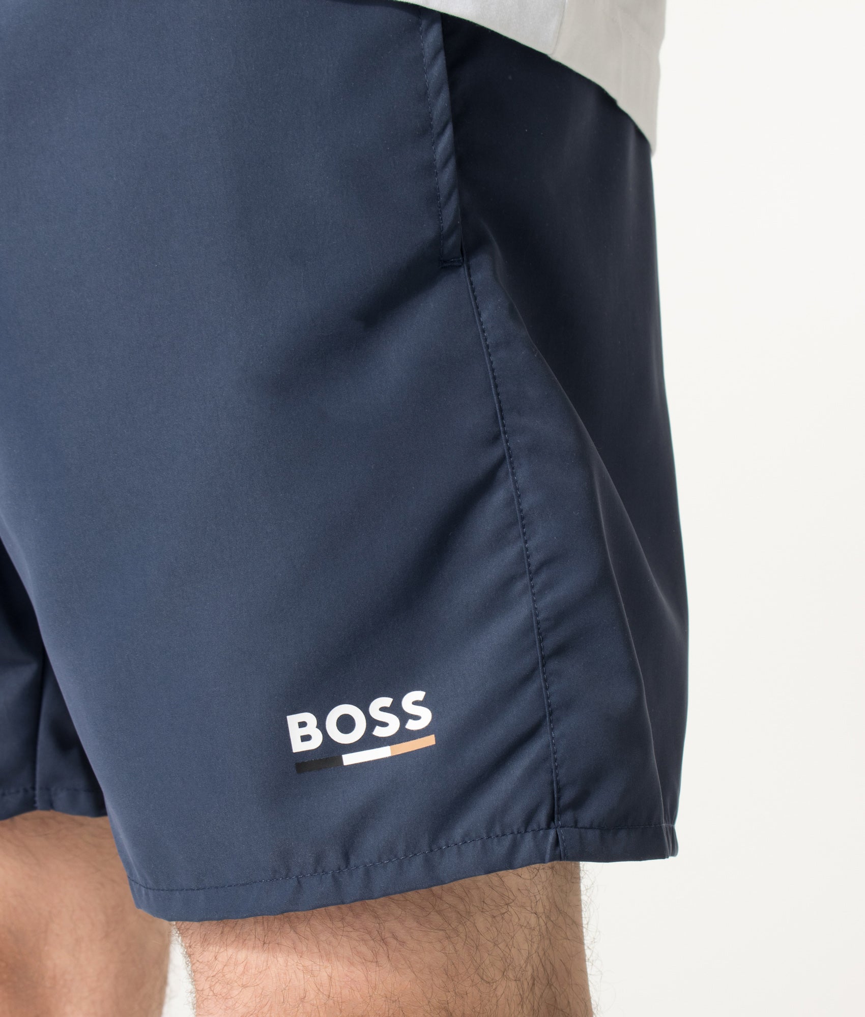 BOSS Swordfish Swim Shorts in Navy at EQVVS Menswear. Detail shot.
