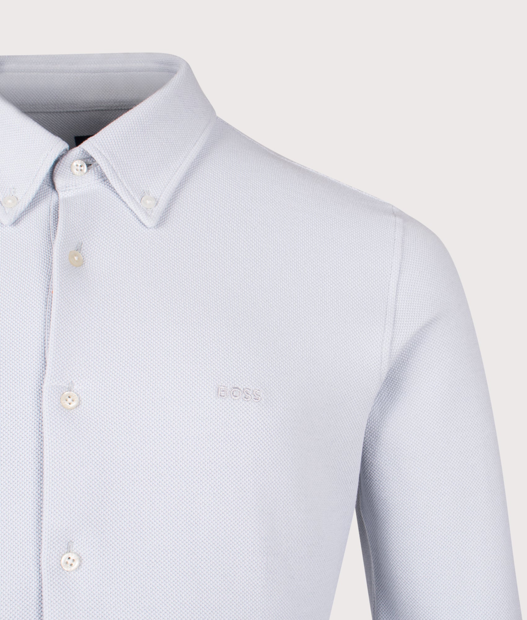 Slim Fit MyJersey Shirt in Light/Pastel Grey | Cotton Stretch Jersey | BOSS | EQVVS | Front detail shot 