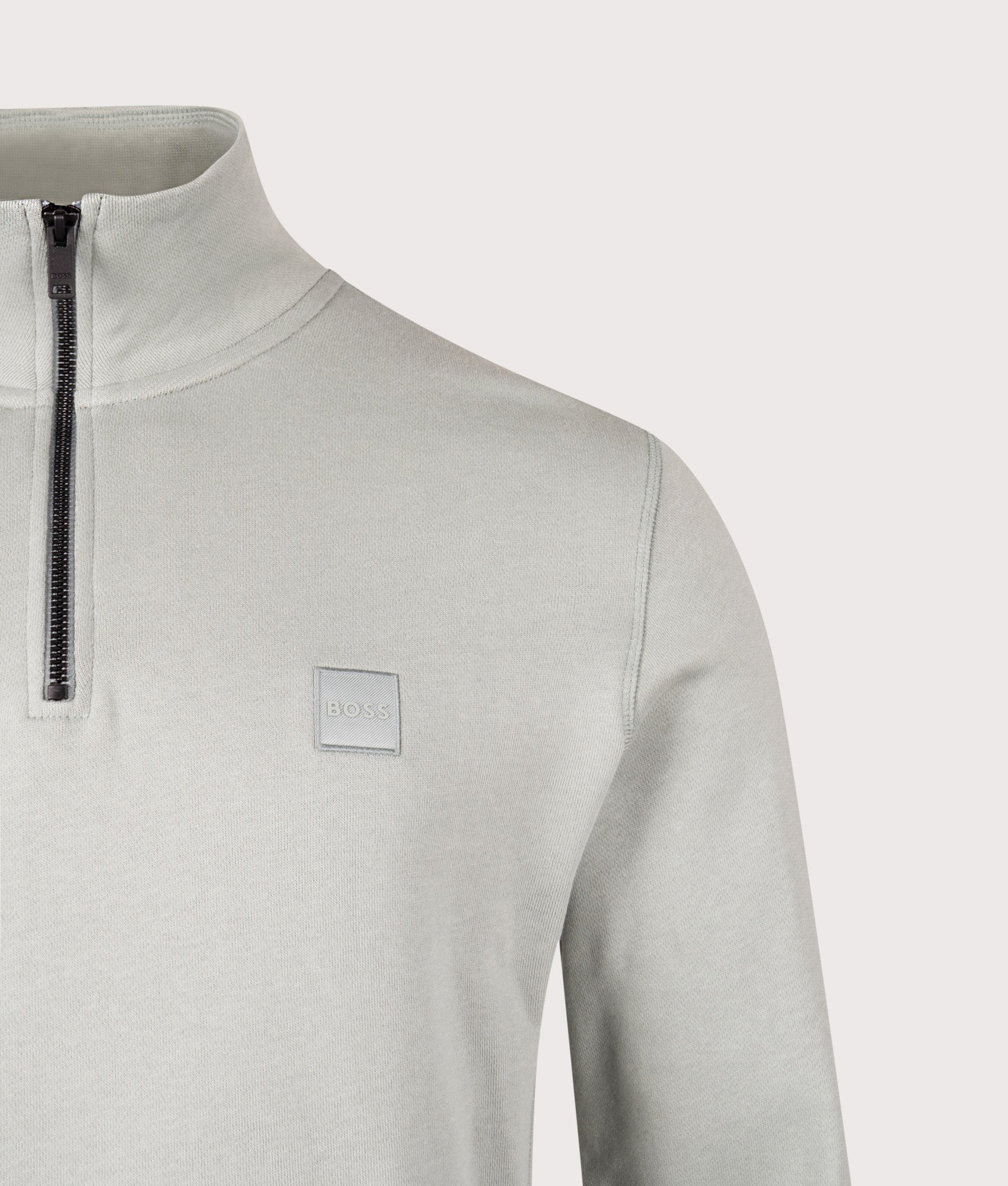 Quarter Zip Zetrust Sweatshirt in Open Green . 100% Cotton  | BOSS | Shot at EQVVS | Front detail shot 