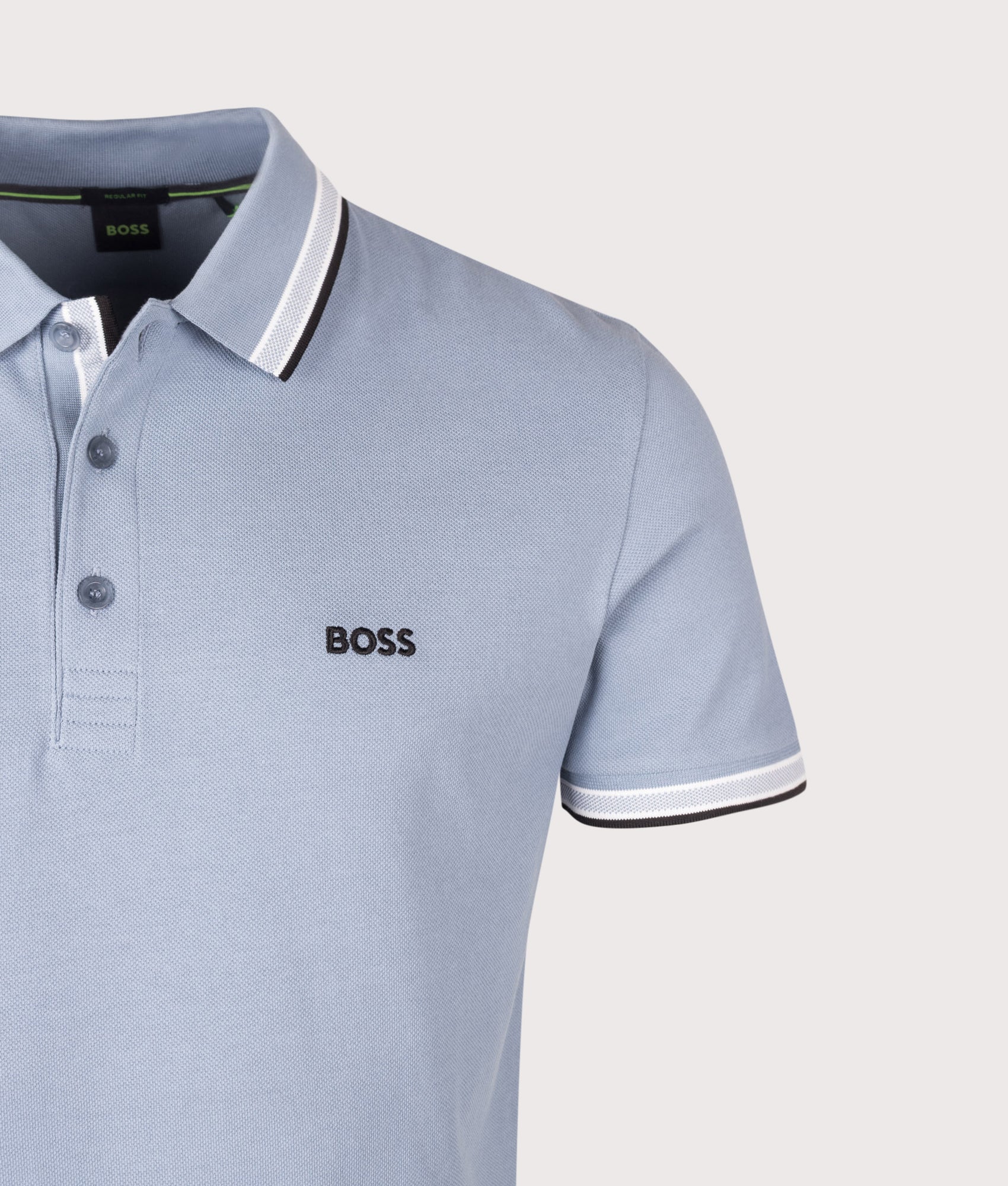 BOSS Regular Fit Paddy Polo Shirt in Open Blue at EQVVS Menswear. Detail shot.