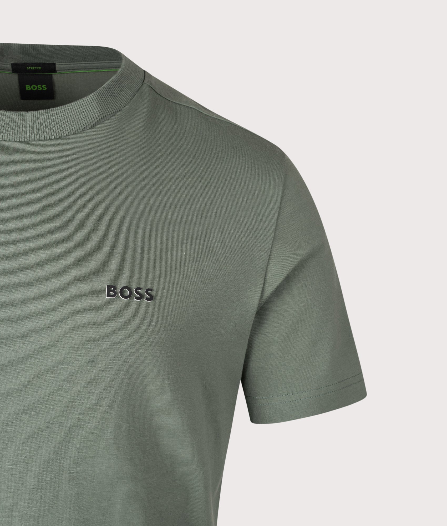 Crew Neck T-Shirt in Open Green | BOSS | EQVVS | Front detail shot 