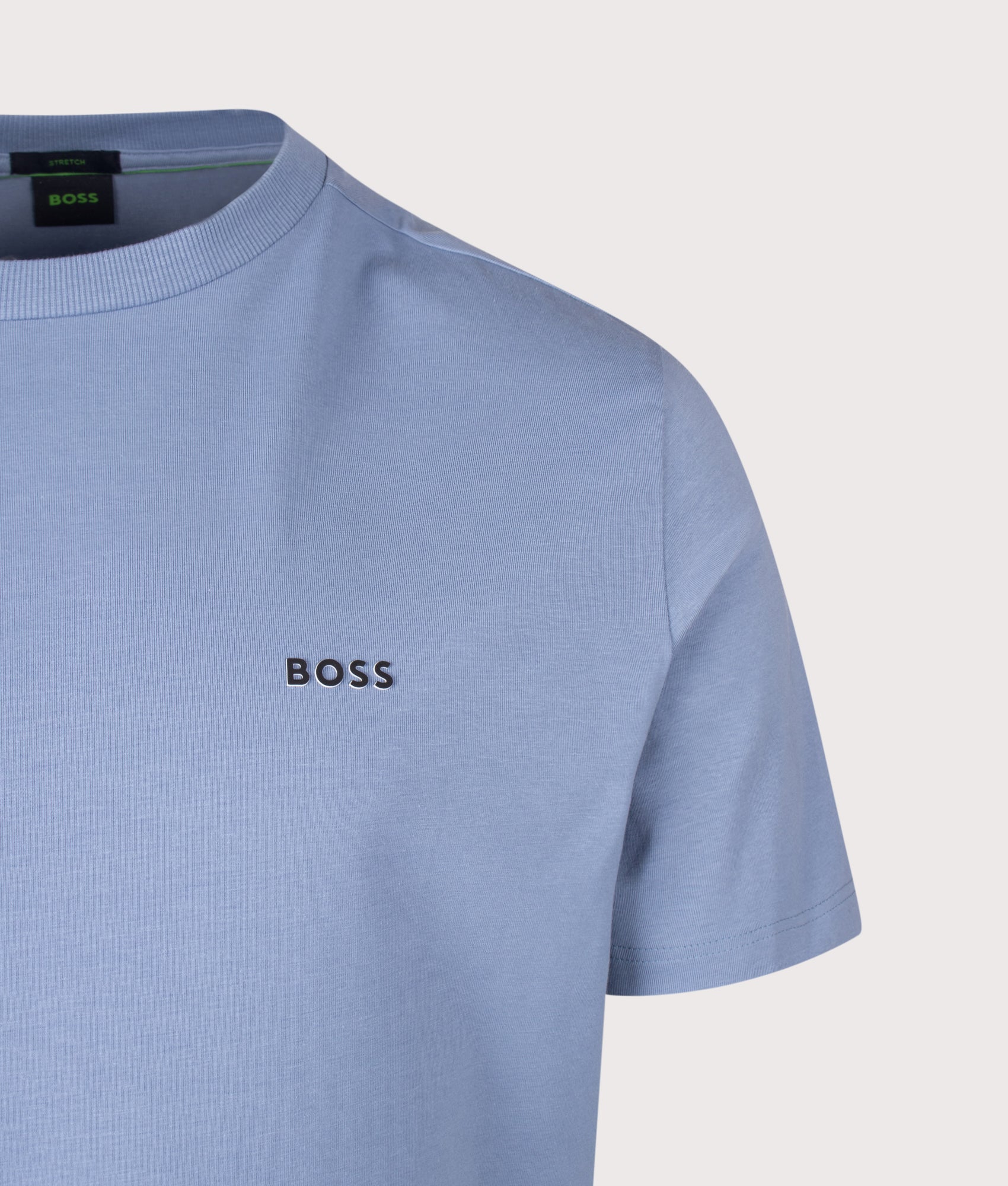 BOSS Regular Fit Crew Neck Tee T-Shirt in Open Blue at EQVVS Menswear. Detail shot.