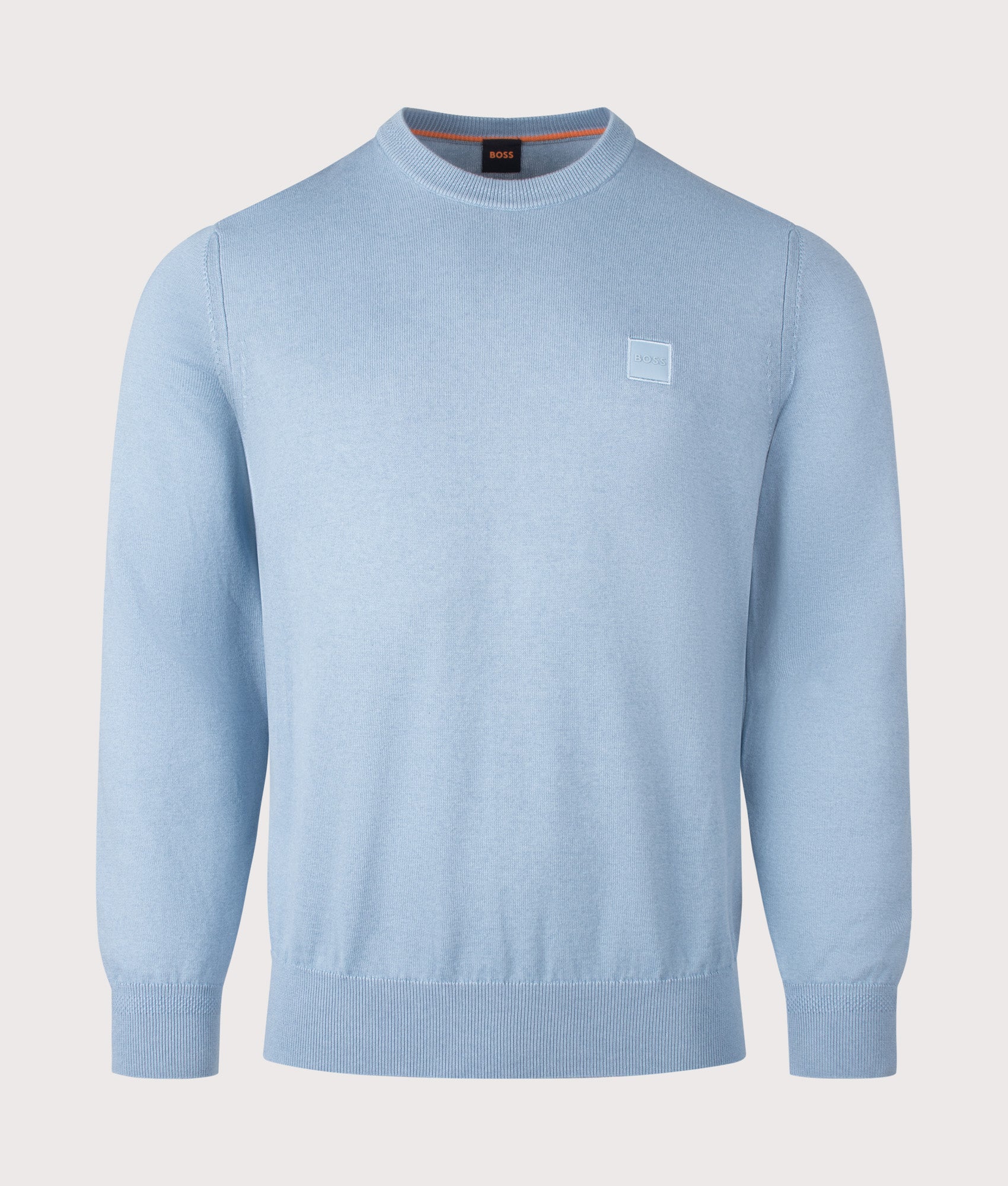 BOSS Kanovano Knitted Jumper in Light/Pastel Blue at EQVVS Menswear. Front shot.