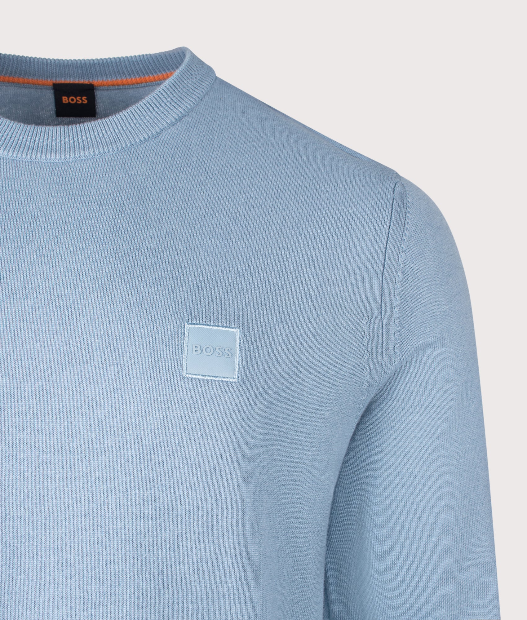 BOSS Kanovano Knitted Jumper in Light/Pastel Blue at EQVVS Menswear. Detail shot.