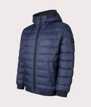 BOSS Odenis Jacket in Dark Blue at EQVVS Menswear. Angled Front shot.