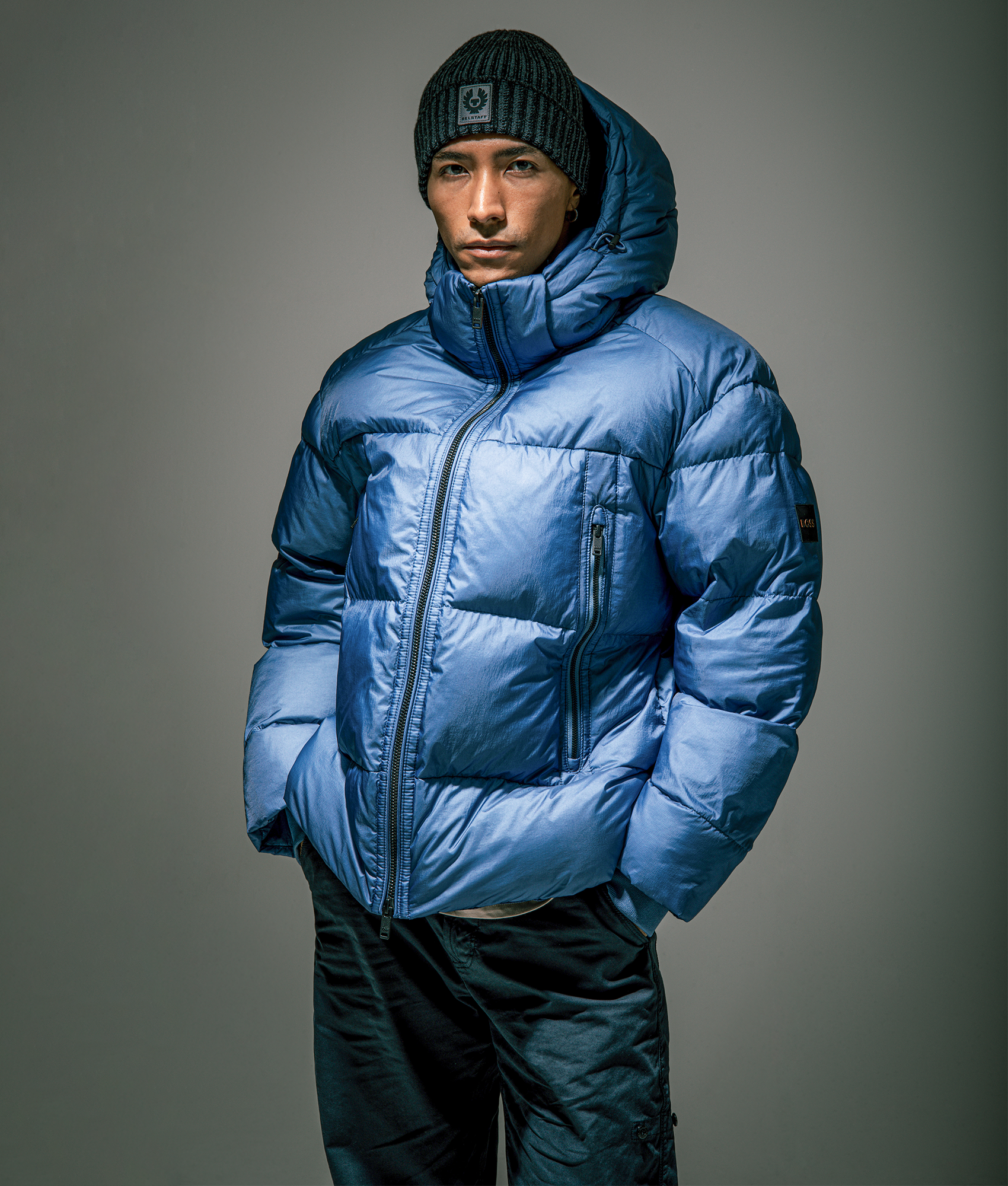 BOSS Orbok puffer jacket in Open Blue at EQVVS Menswear. Campaign shot.