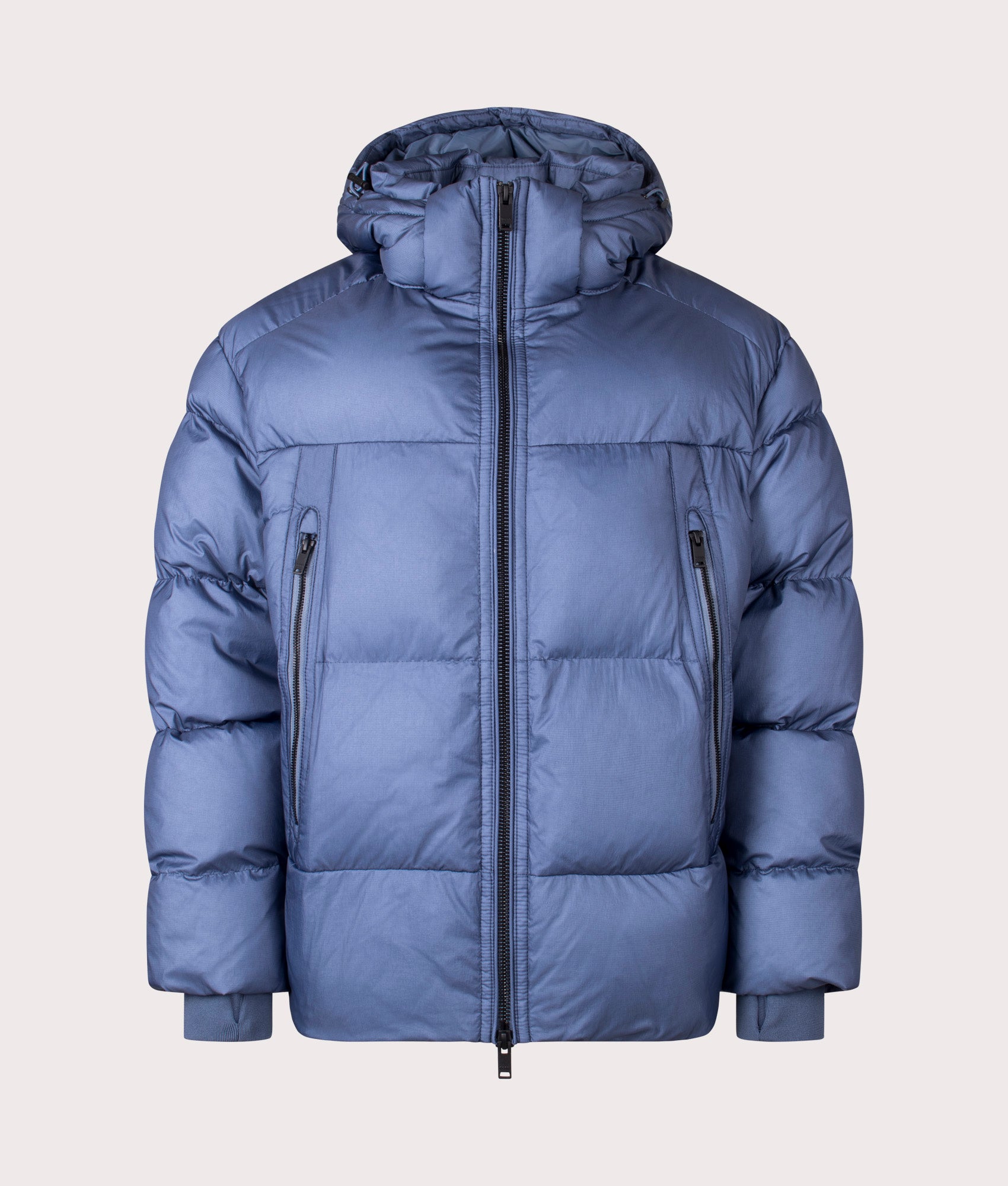 BOSS Orbok puffer jacket in Open Blue at EQVVS Menswear. Front shot.