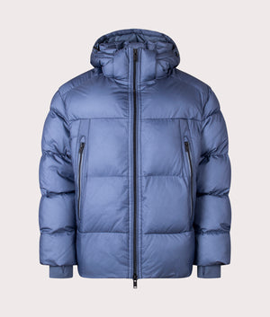 BOSS Orbok puffer jacket in Open Blue at EQVVS Menswear. Front shot.