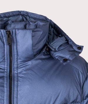 BOSS Orbok puffer jacket in Open Blue at EQVVS Menswear. Hood detail shot.