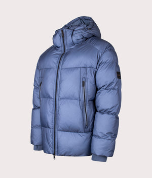 BOSS Orbok puffer jacket in Open Blue at EQVVS Menswear. Angled front shot.