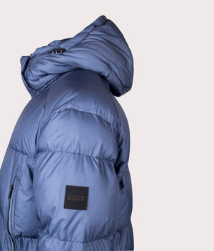 BOSS Orbok puffer jacket in Open Blue at EQVVS Menswear. Side detail shot.