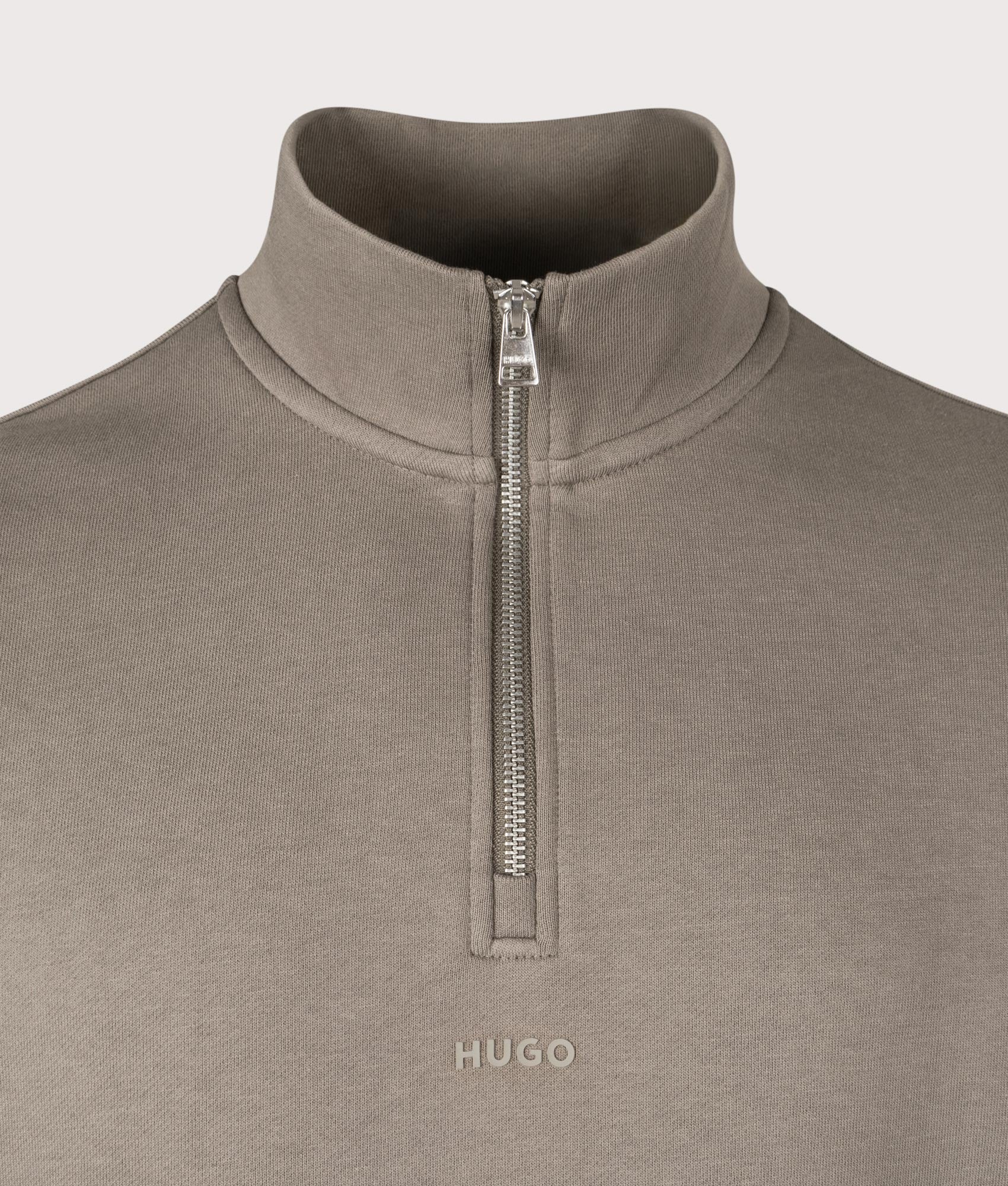 Relaxed Fit Durty244 Quarter Zip Sweatshirt in Medium Grey. 100% Cotton | HUGO | EQVVS | Front detail shot 