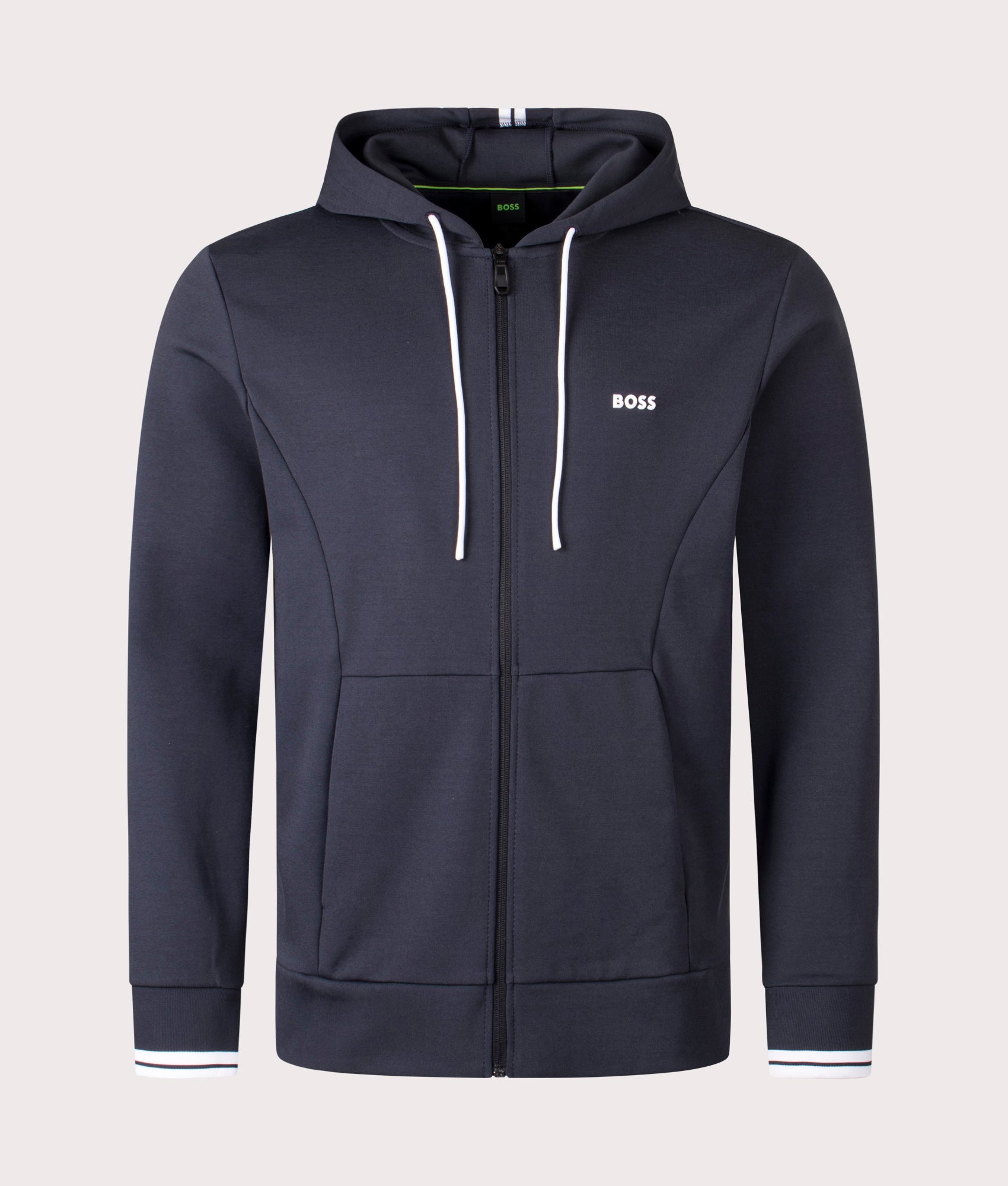 Boss Zip Through Zone Hoodie in Dar Blue  at EQVVS Menswear. Front shot.