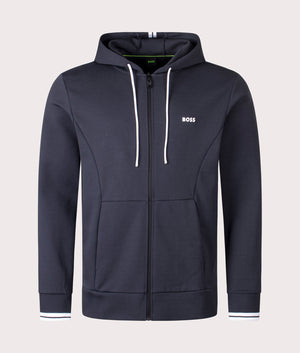 Boss Zip Through Zone Hoodie in Dar Blue  at EQVVS Menswear. Front shot.