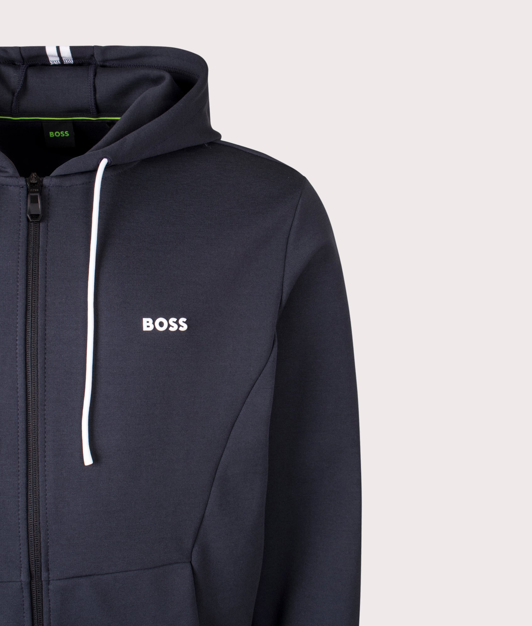 Boss Zip Through Zone Hoodie in Dar Blue  at EQVVS Menswear. Detail shot.