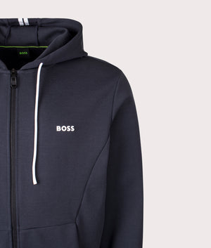 Boss Zip Through Zone Hoodie in Dar Blue  at EQVVS Menswear. Detail shot.
