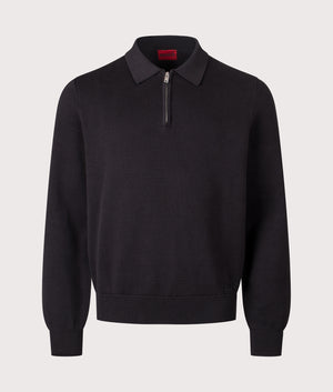 Relaxed Fit Long Sleeve San Pauley Polo Shirt in Black. 100% Cotton | HUGO | EQVVS | Front shot 
