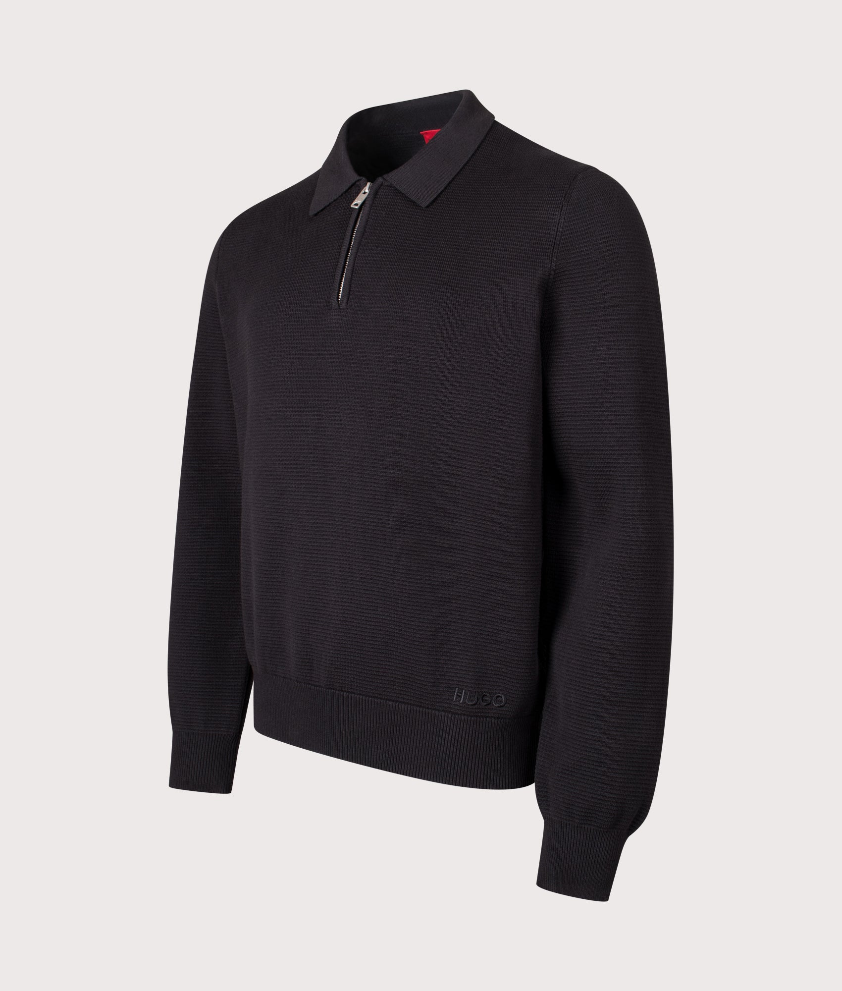 Relaxed Fit Long Sleeve San Pauley Polo Shirt in Black. 100% Cotton | HUGO | EQVVS | Front angle shot 