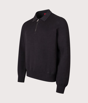 Relaxed Fit Long Sleeve San Pauley Polo Shirt in Black. 100% Cotton | HUGO | EQVVS | Front angle shot 