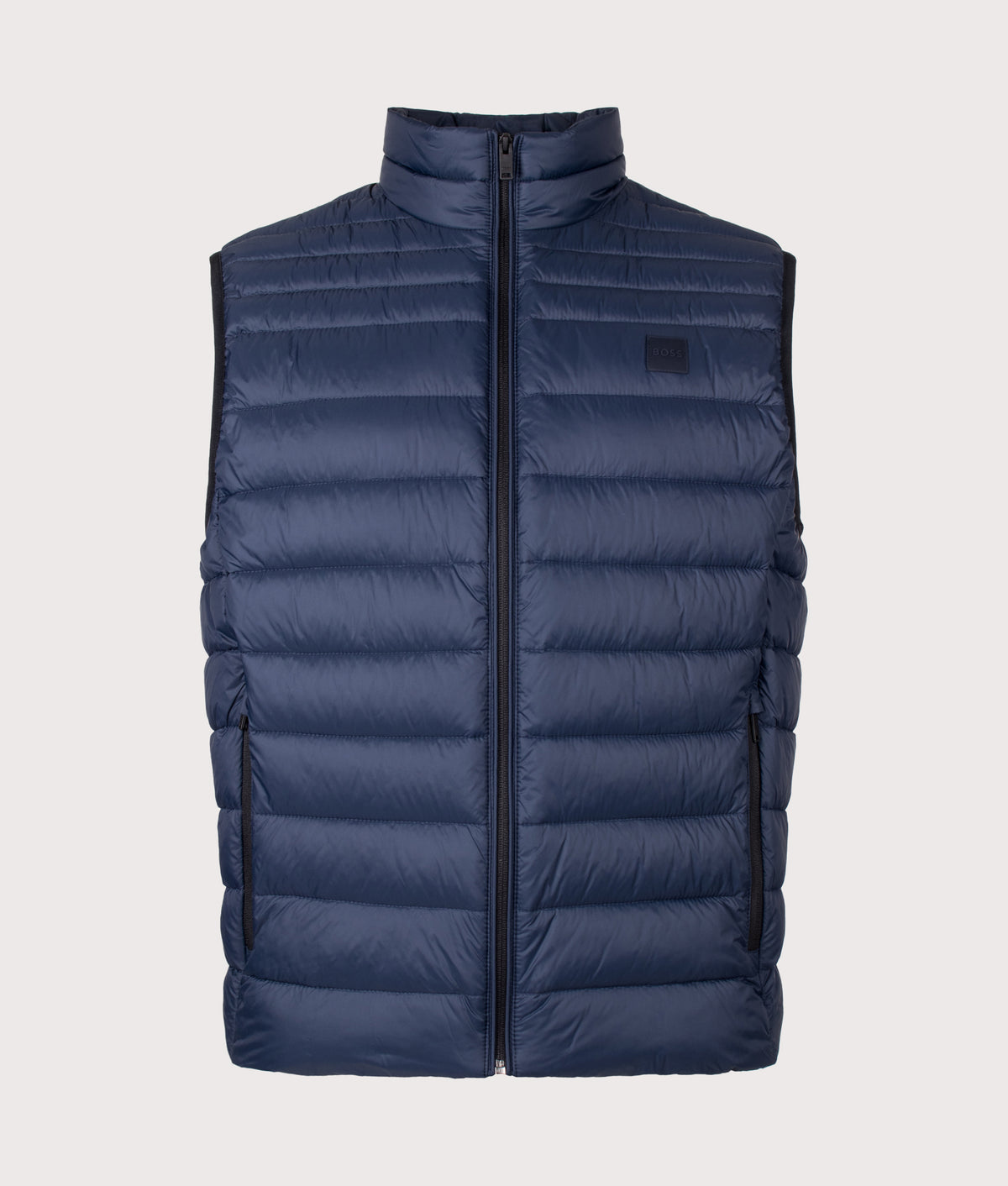 BOSS Slim Fit Odeno2 Packable Gilet in Dark Blue at EQVVS Menswear. Front shot.
