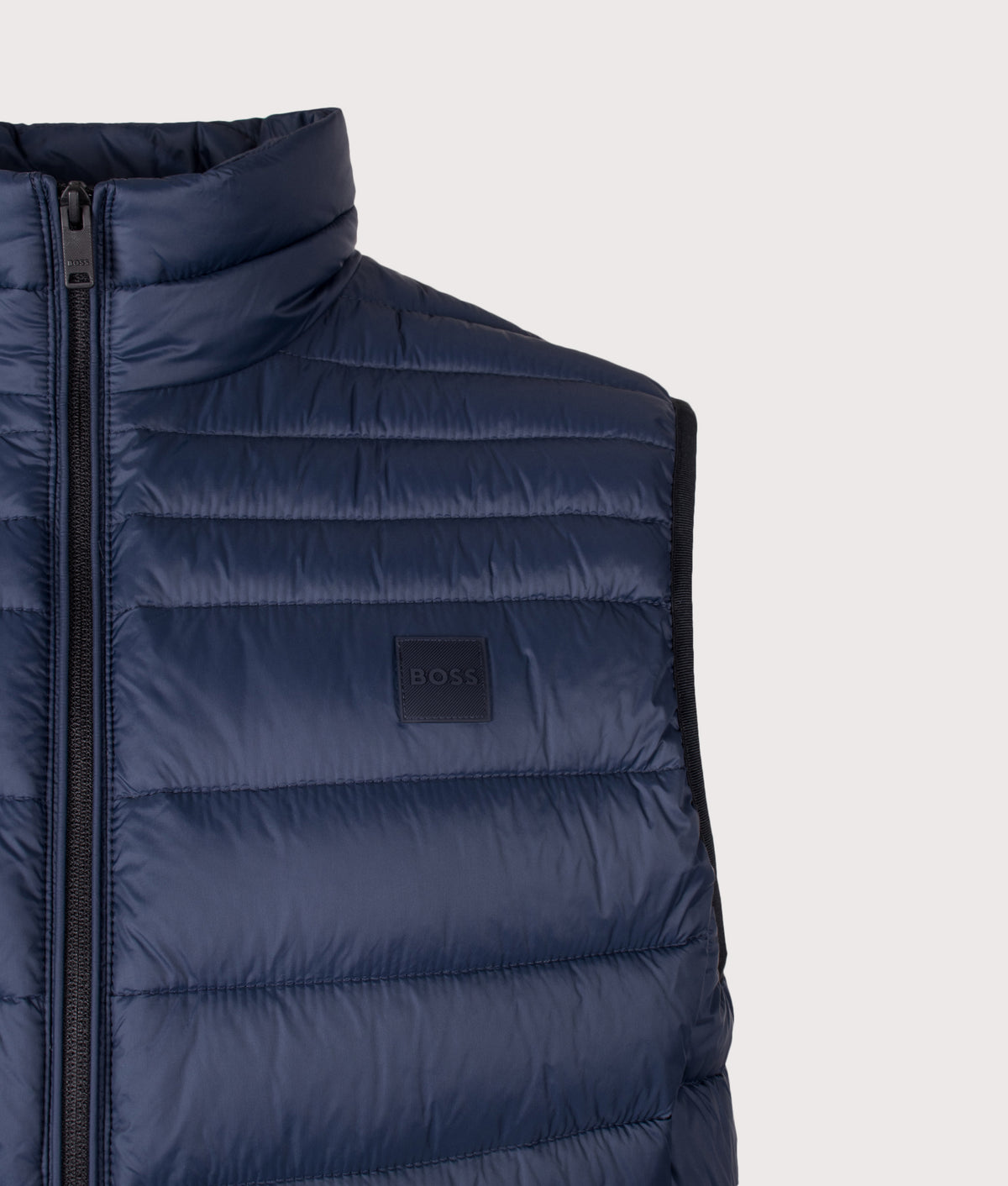 BOSS Slim Fit Odeno2 Packable Gilet in Dark Blue at EQVVS Menswear. Detail shot.